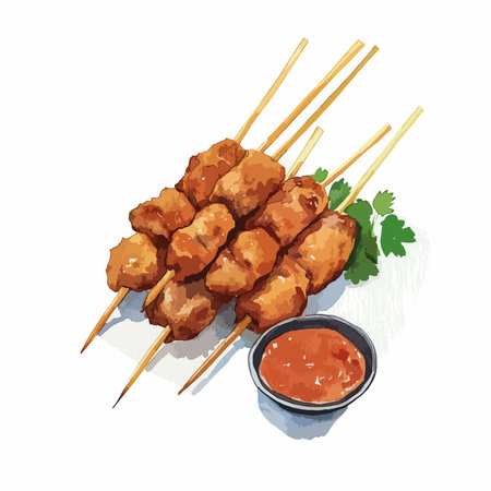 Illustration of pork satay with spicy sauce on white background.のイラスト素材