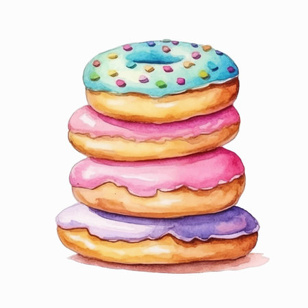 Hand drawn watercolor illustration of colorful donuts. Isolated on white background.のイラスト素材