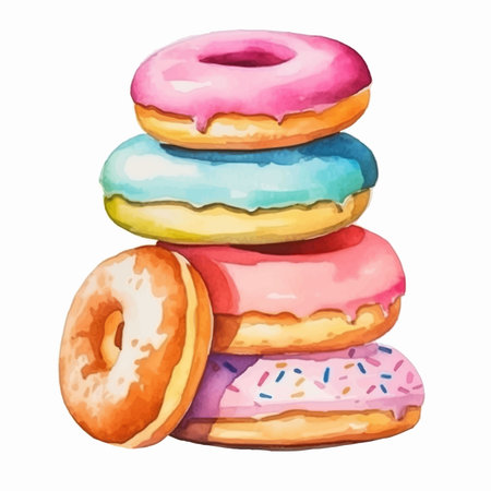 Colorful donuts. Hand drawn watercolor illustration isolated on white backgroundのイラスト素材