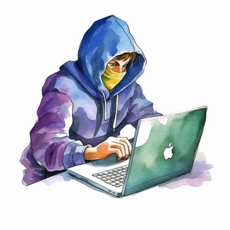Illustration of a hacker in a blue hood with a laptop.のイラスト素材