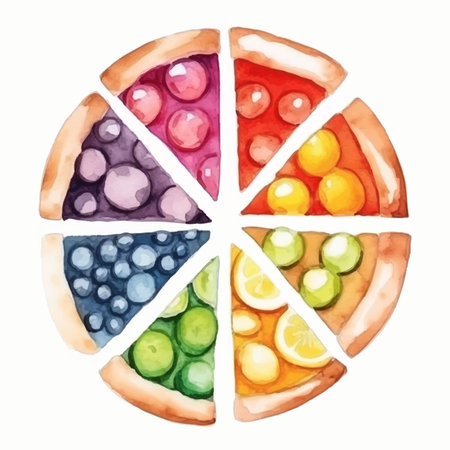 Watercolor illustration of pizza with different fruits and berries on white backgroundのイラスト素材