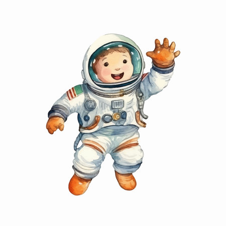 Cartoon astronaut in spacesuit waving hand isolated on white background. Watercolor illustrationのイラスト素材