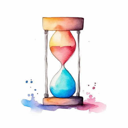 Watercolor illustration of an hourglass with multicolored sand insideのイラスト素材