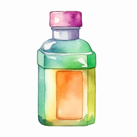 Watercolor illustration of a glass bottle with a colored liquid inside.のイラスト素材