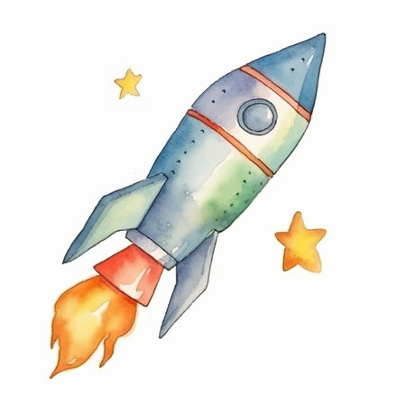 Watercolor rocket on a white background with stars. Hand-drawn illustration.のイラスト素材