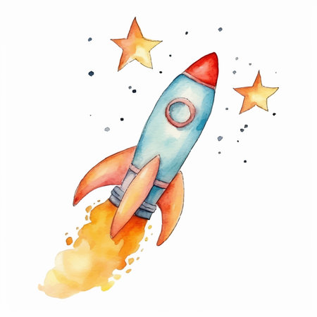 Watercolor rocket with stars. Hand drawn illustration isolated on white background.のイラスト素材