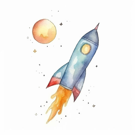 Watercolor rocket on the background of the moon. Hand drawn illustration.のイラスト素材