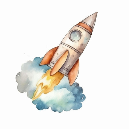 Watercolor rocket with clouds. Hand drawn illustration on white background.のイラスト素材