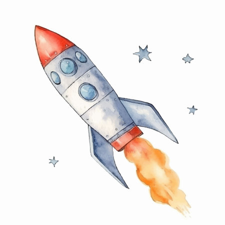 Watercolor rocket. Hand drawn illustration isolated on white background. Watercolor illustration.のイラスト素材