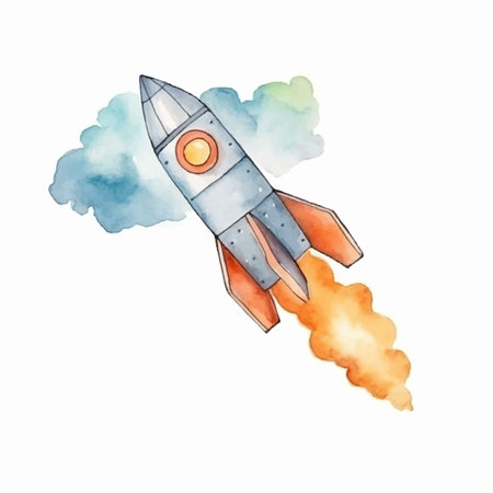 Watercolor rocket with smoke on a white background. Hand drawn illustrationのイラスト素材