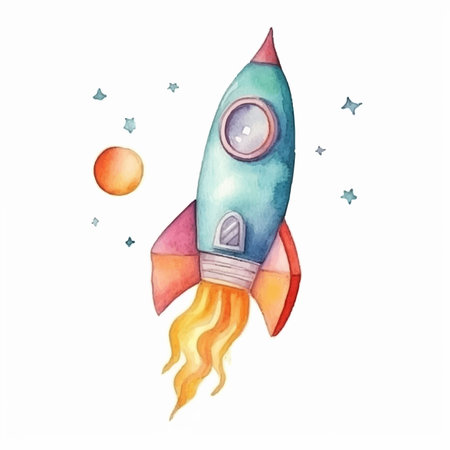 Watercolor space rocket on a white background. Hand drawn illustration.のイラスト素材