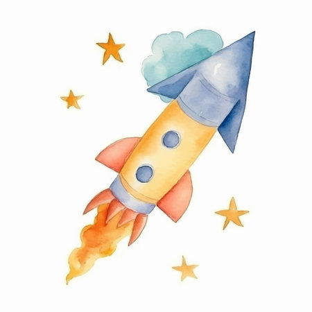 Watercolor rocket with clouds and stars. Hand drawn illustration isolated on white background.のイラスト素材