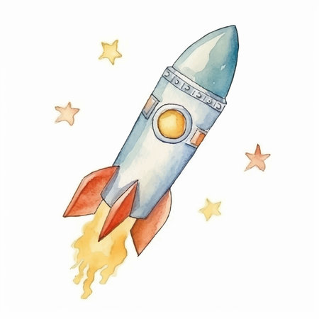 Watercolor rocket isolated on white background. Hand drawn space illustration.のイラスト素材