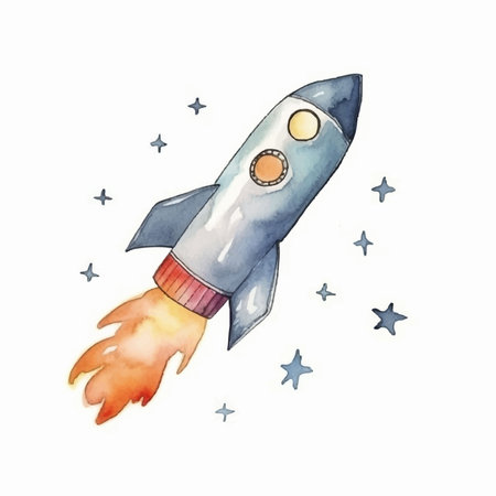 Watercolor space rocket. Hand drawn illustration isolated on white background.のイラスト素材
