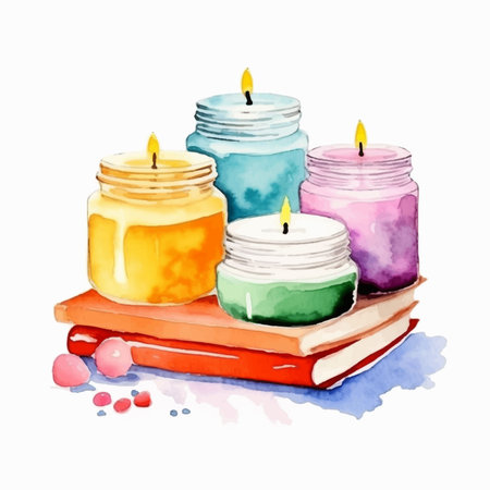Colorful candles and books. Hand drawn watercolor illustration isolated on white backgroundのイラスト素材