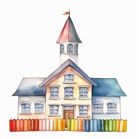 Watercolor hand drawn illustration of a school building on a white backgroundのイラスト素材