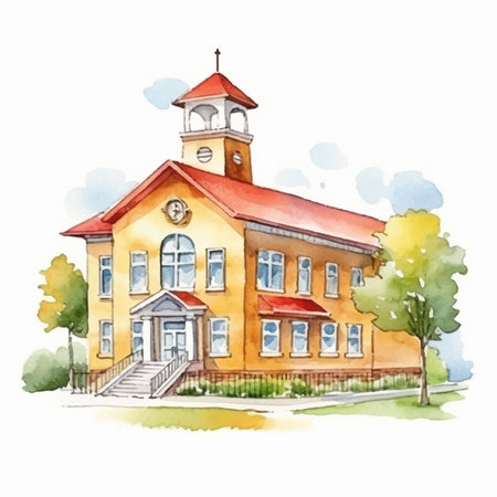 Watercolor school building. Hand drawn illustration isolated on white background.のイラスト素材
