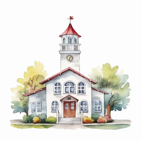 Watercolor illustration of a school building with a red roof and a tower.のイラスト素材