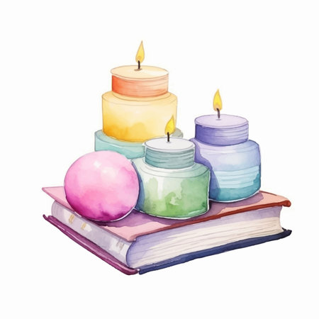 Watercolor illustration of books and candles. Hand drawn isolated objects on white backgroundのイラスト素材