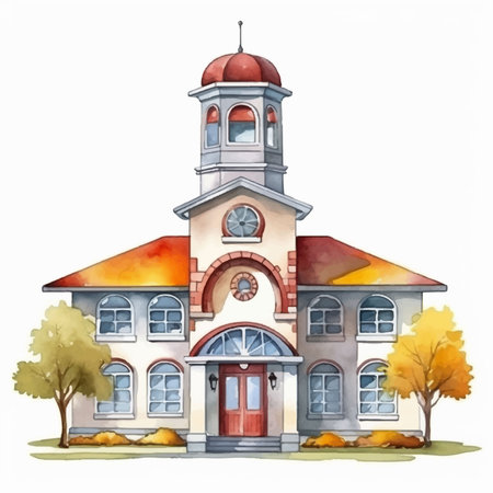 cartoon scene with old school building on white background illustration for childrenのイラスト素材