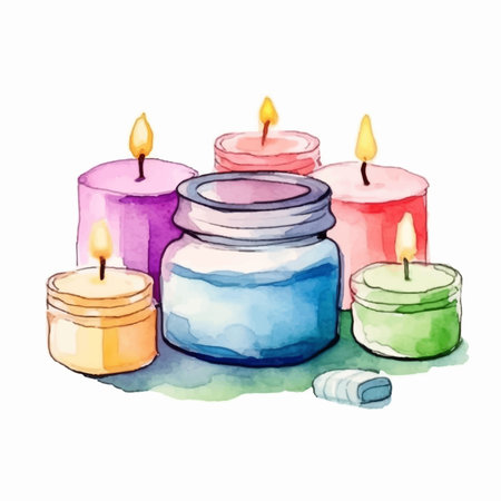 Hand drawn watercolor illustration of colorful candles isolated on white background.のイラスト素材