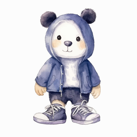 Watercolor panda in a blue jacket and sneakers on a white backgroundのイラスト素材