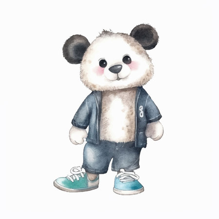 Watercolor cute panda in a jacket and shorts isolated on white backgroundのイラスト素材