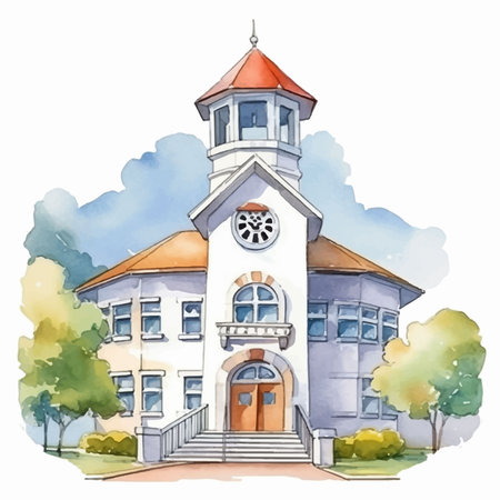 Watercolor illustration of a school building in the style of watercolor.のイラスト素材