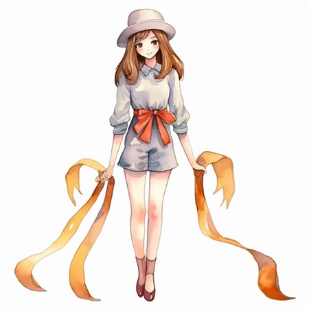 Illustration of a cute girl in a hat and with a ribbonのイラスト素材