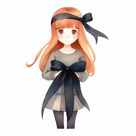 Watercolor illustration of a little girl with long red hair, wearing a black bow on her head.のイラスト素材