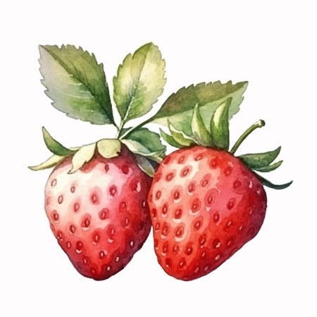 Watercolor illustration of strawberries with leaves isolated on a white background.のイラスト素材