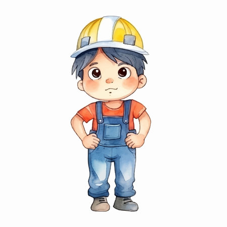 cartoon boy construction worker isolated on white background - illustration for childrenのイラスト素材