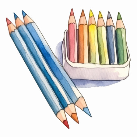 Set of colored pencils in a box. Hand drawn watercolor illustrationのイラスト素材