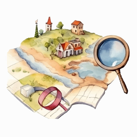 Illustration of a map with a magnifying glass and a village