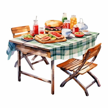 Picnic table with food and drinks. Watercolor vector illustration.のイラスト素材