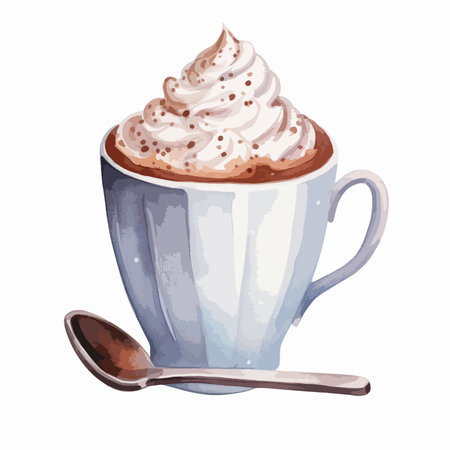 Cup of hot chocolate with whipped cream and spoon. Vector illustration.のイラスト素材