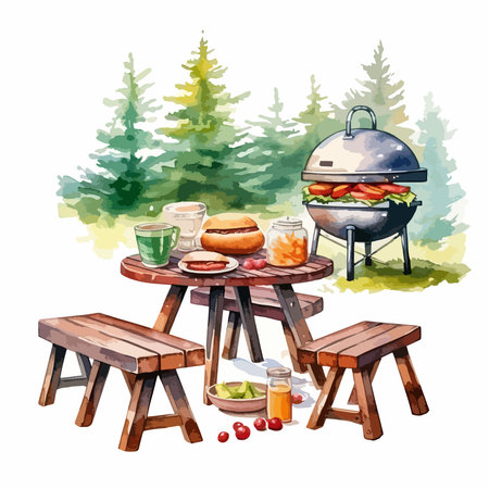 Picnic table with food. Watercolor hand drawn illustration on white backgroundのイラスト素材