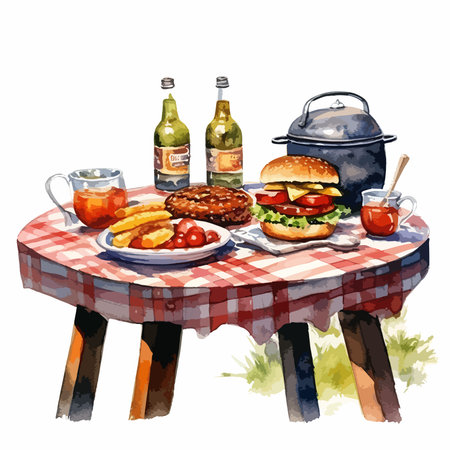 Picnic table with food and drinks. Watercolor hand drawn illustrationのイラスト素材