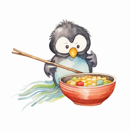 Watercolor illustration of cute penguin with bowl of cereal and chopsticksのイラスト素材