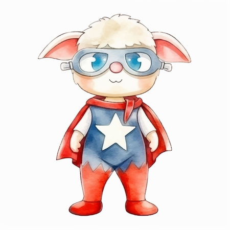 Cute cartoon sheep in superhero costume. Watercolor illustration isolated on white background.のイラスト素材
