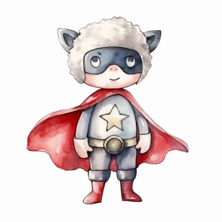 Watercolor illustration of a cute sheep superhero. Isolated on white background.のイラスト素材