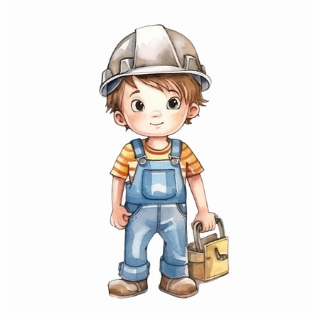 cartoon little boy construction worker with toolbox isolated on white backgroundのイラスト素材