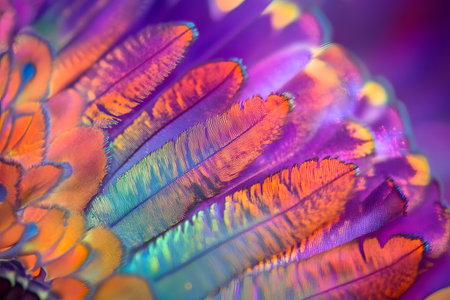 Colorful feathers of a peacock, close-up, macro