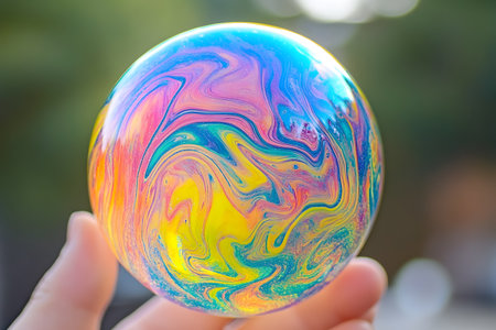 Colorful soap bubble in hand on blurred nature background. Close up.