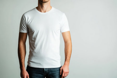 Cropped image of man in blank white t-shirt on grey background