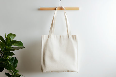 Eco bag hanging on white wall with hanger. Flat lay.