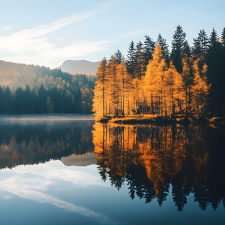 Beautiful autumn landscape with mountain lake and pine forest reflected in water