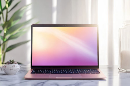 Laptop computer with blank screen on white marble table with blurred background