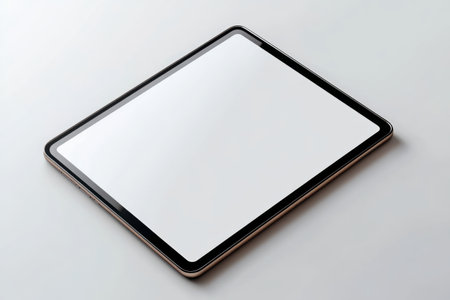 Tablet computer with blank screen isolated on white background. Top view.