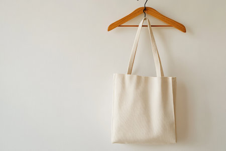Beige cotton bag hanging on white wall with wooden hanger.の写真素材